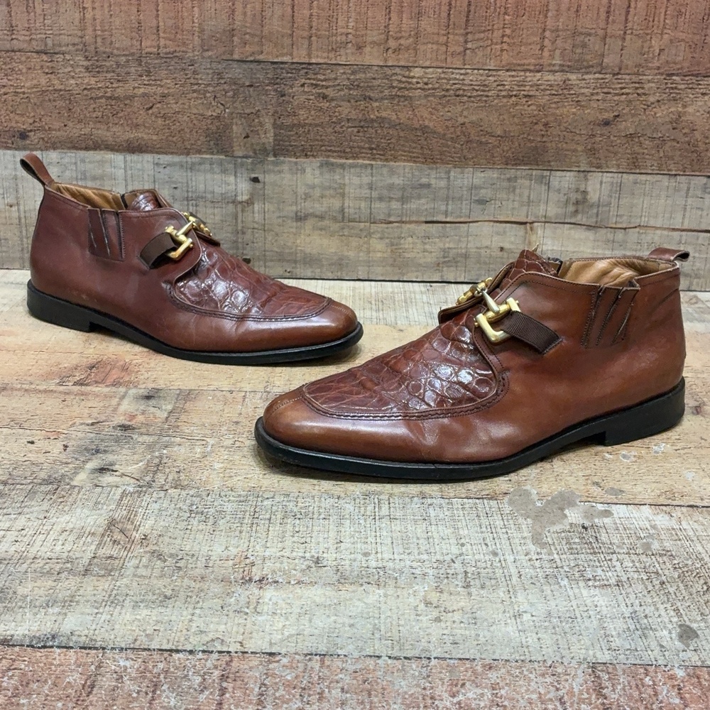 Mezlan Boots Mens Size 10 43 Brown Leather Croc Ankle Zip Buckle Dress Bootie